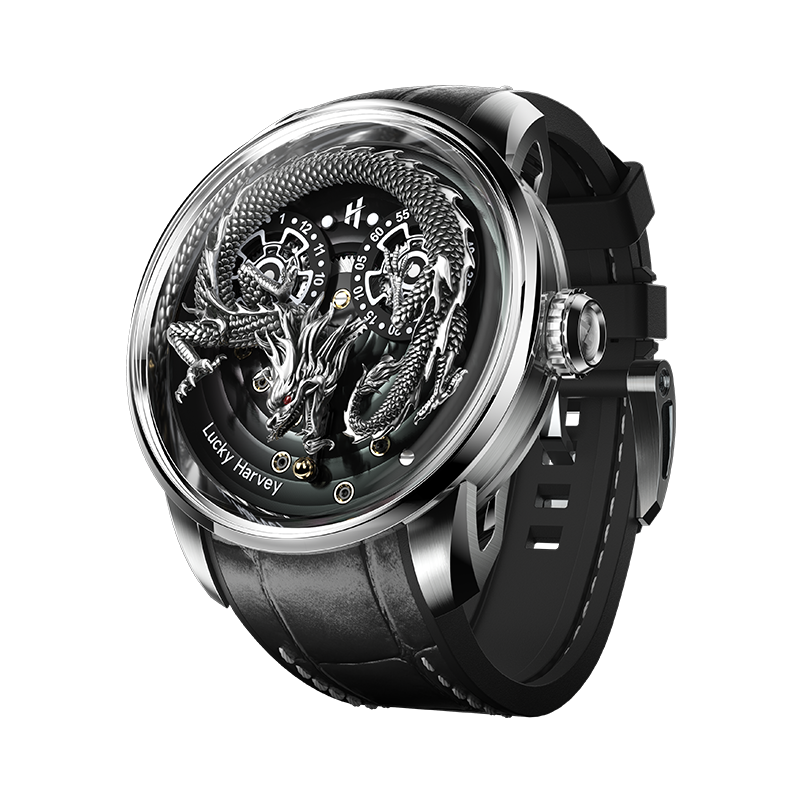 Lucky Harvey automatic watch India - silver dragon dial, exhibition caseback guide