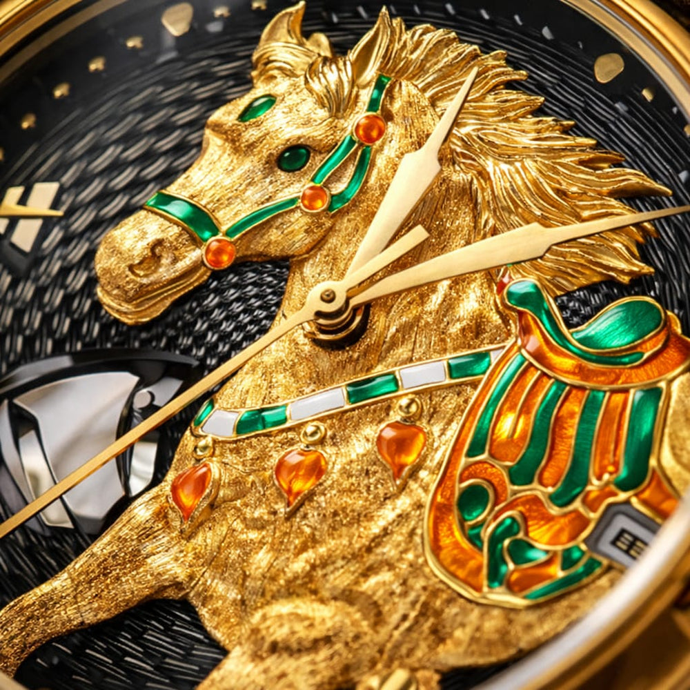 Ultra close-up of dial showing gold texture, engraving depth, enamel colors and reflections